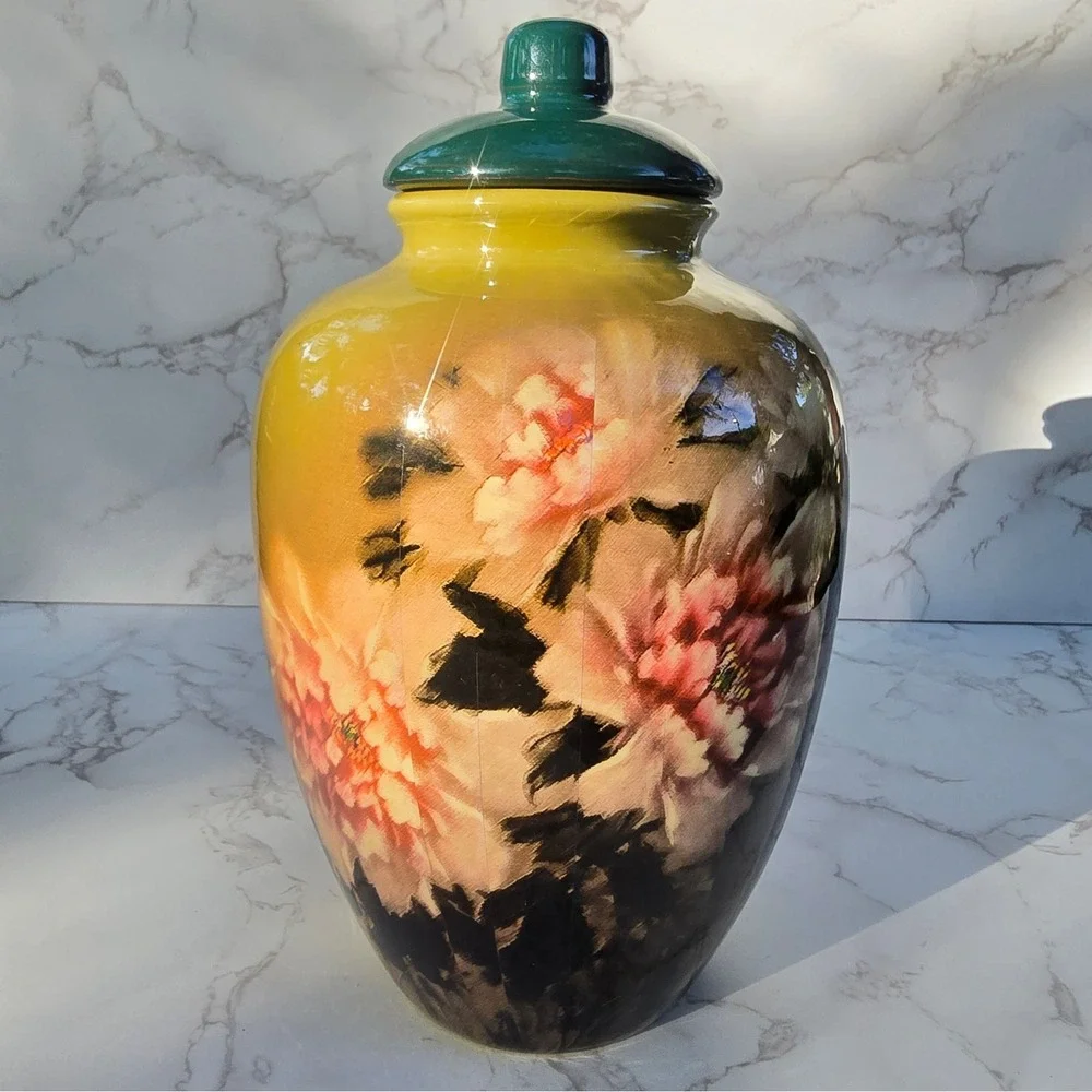 Vintage Peony  Large Floral Ceramic Ginger Jar Yellow Pink Vase Lid